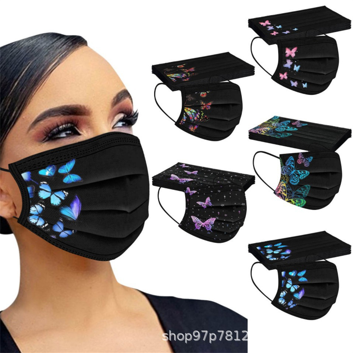 Disposable Surgical Mask - 50pcs colorful butterfly print black adult