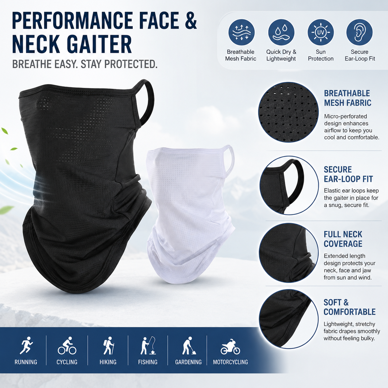Respirator Half Face - Breathable Quick-Dry Neck Gaiter Half Face